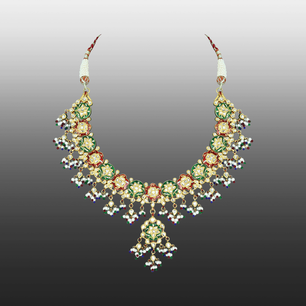 Floral Necklace with Polki, Red-Green Enamel, Pearls, and Beads